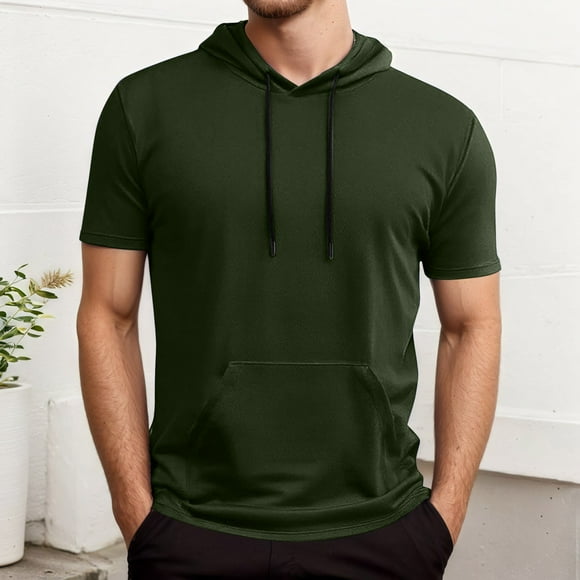 Men's Hooded Pocket T Shirt for Outdoor Activities Casual Sportswear Summer Basketball Training Shirt with Drawstring Design