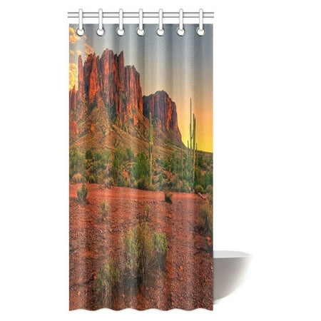 MYPOP Saguaro Cactus Shower Curtain, Colorful Sunset View of the Desert and Mountains near Phoenix Arizona USA Fabric Bathroom Shower Curtain with Hooks, 36 X 72