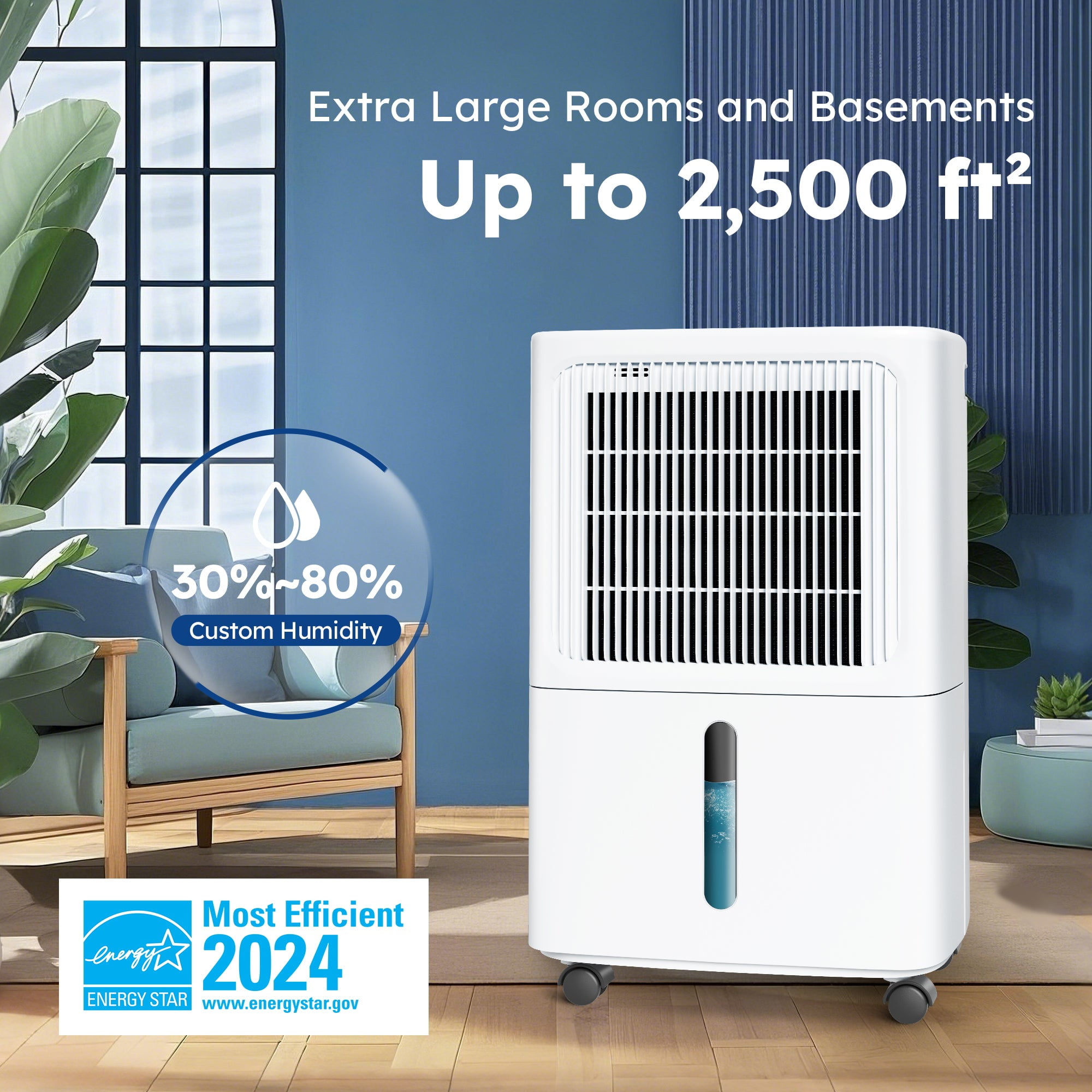 MF Studio 8.5 Pints Dehumidifier for Basement, Cover Up to 2500 Sq. Ft Home Space with Drain Hose , 0.48 Gal Water Tank, Overflow Protection, Auto Defrost & Drain, White