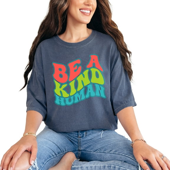 Be a Kind Human, Quote on Kindness, Groovy Retro Wavy Text, Denim Comfort Colors T-Shirt, Small
