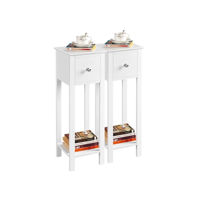 2pcs Mesitas de Noche de 2 Niveles con Cajón Blancas 25x25x70cm Mesita Auxiliar Salon Alta Mesillas de Noche Pequeña para Sala de Estar o Dormitorio