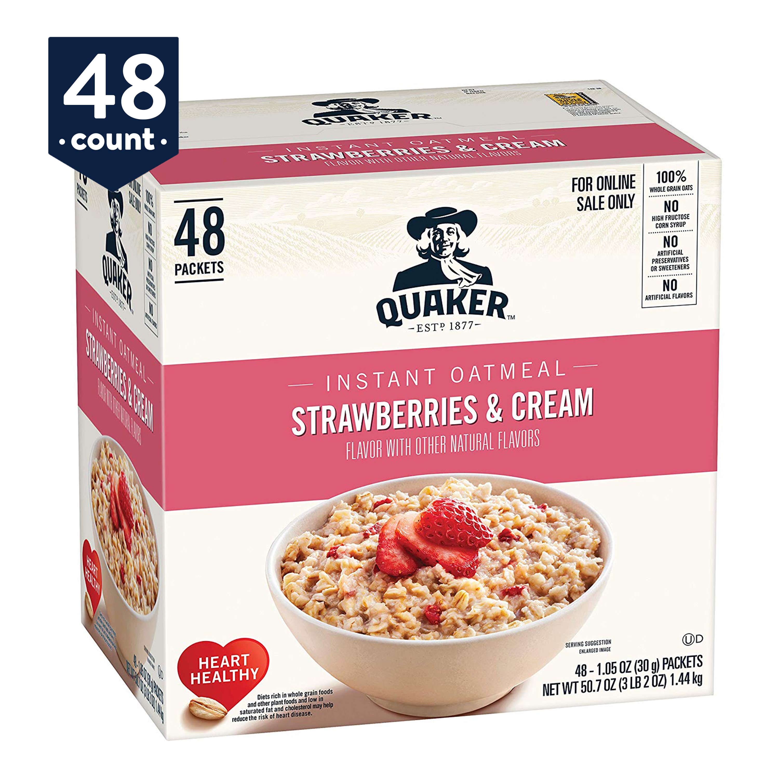 Quaker Instant Oatmeal, Strawberries & Cream, Individual Packets, 48