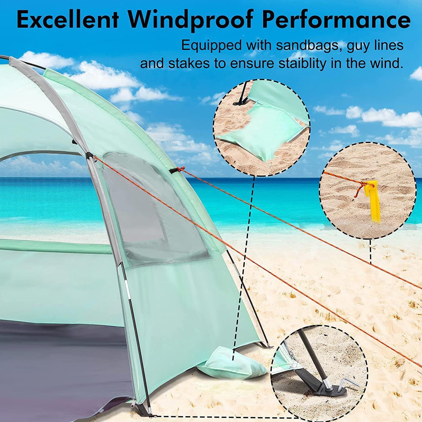 Beach Tent 3 4 Person UPF 50 Plus Sun Shelter Sky Blue Green, 210x140x115 cm, Portable Beach Camping Shade, Fiberglass Poles, 3 Way Ventilation, Sandbags, Stakes