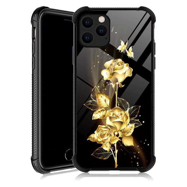Djsok Compatible Con Iphone 12/12P Funda De Diseño Patrón Parachoques Trasero Anti Arañazos Esquinas Reforzadas Suave Tpu Caver Fundas Para Hombres Mujeres-Mariposa Dorada Flor Rosa