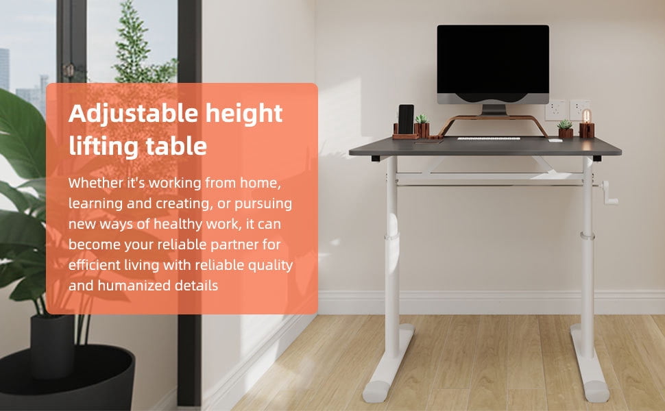 Lisonu Adjustable Standing Desk, Manual Hand Crank Sit-Stand Workstation, 33x24 Inch Home Office Computer Desk, Ergonomic Study Table with Grey Wood Top and White Iron Frame