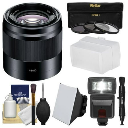 Sony Alpha E-Mount 50mm f/1.8 OSS Lens (Black) with Flash + Soft Box + Diffuser + 3 Filters Kit for A7, A7R, A7S Mark II, A5100, A6000, A6300 (Best Lens For A6300)