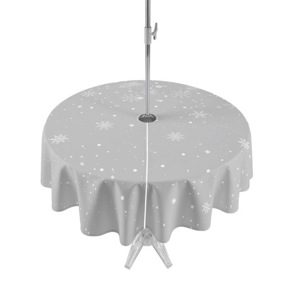 Outdoor Table Cloth with Umbrella Hole and Zipper, Grey Christmas Snowflake Waterproof Round Tablecloth 54 Inch, Winter Snowflake Xmas Washable Table Cover for Outside Party Patio Picnic