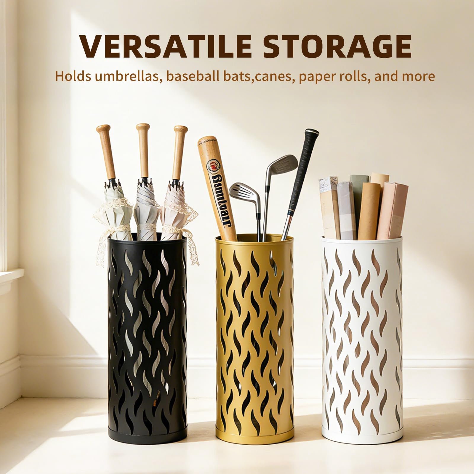 Umbrella Holder, Metal Umbrella Stand for Entryway, Umbrella Storage Rack with 4 Hooks Decor, Home, Office,5.8 × 5.8 × 16.4 (Black)