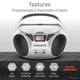 thumbnail image 2 of Magnavox MD6924 Boombox portátil con CD de carga superior y radio estéreo AM/FM en negro | Compatible con CD-R/CD-RW | Pantalla LED | Puerto auxiliar compatible | Reproductor de CD programable | (Blan, 2 of 5