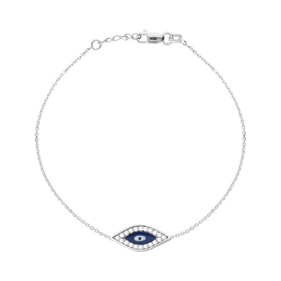 Sterling Silver Side-ways Adjustable Cubic Zirconia Evil Eye Bracelet Sparkle-Cut Cable - 7.50 Inch