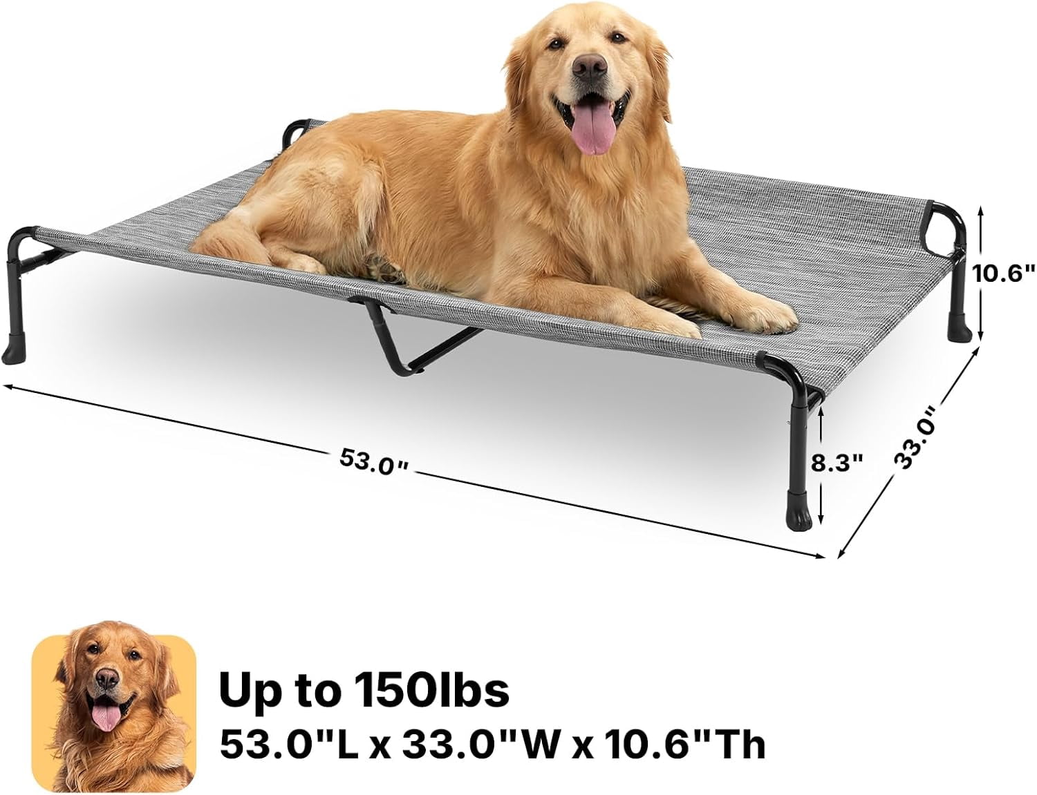 Outdoor Dog Bed, 53" XXL Raised Dog Bed, Elevated Dog Bed with Headrest, Washable Cooling Dog Cot with Non-Skid Feet, Breathable Mesh, Portable Pet Hammock for Indoor or Camping, Black Silver