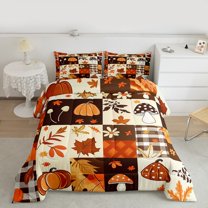 jejeloiu Cartoon Mushroom Queen Comforter Set,Fall Maple Pumpkin Bedding Sets,Autumn Fall Theme Bedding Comforter Set For Girls,Breathable Home Decor Reversible,3pcs