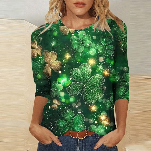 Ounisa T-Shirt pour Femmes à Manches 3/4 Col Ras du Cou Chandail Imprimé de la Saint-Patrick Coupe Ample Décontracté Mode Hauts Confortables P-3TG