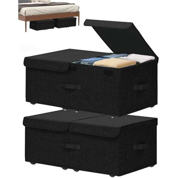Under Bed Storage Container with Wheels, 2 Pack 10" High Deep Underbed Rolling Box Storage Bins Drawers with Lids for Bedroom, Dorms, Clothes, Shoes, Blankets, No Assemble Required, Black