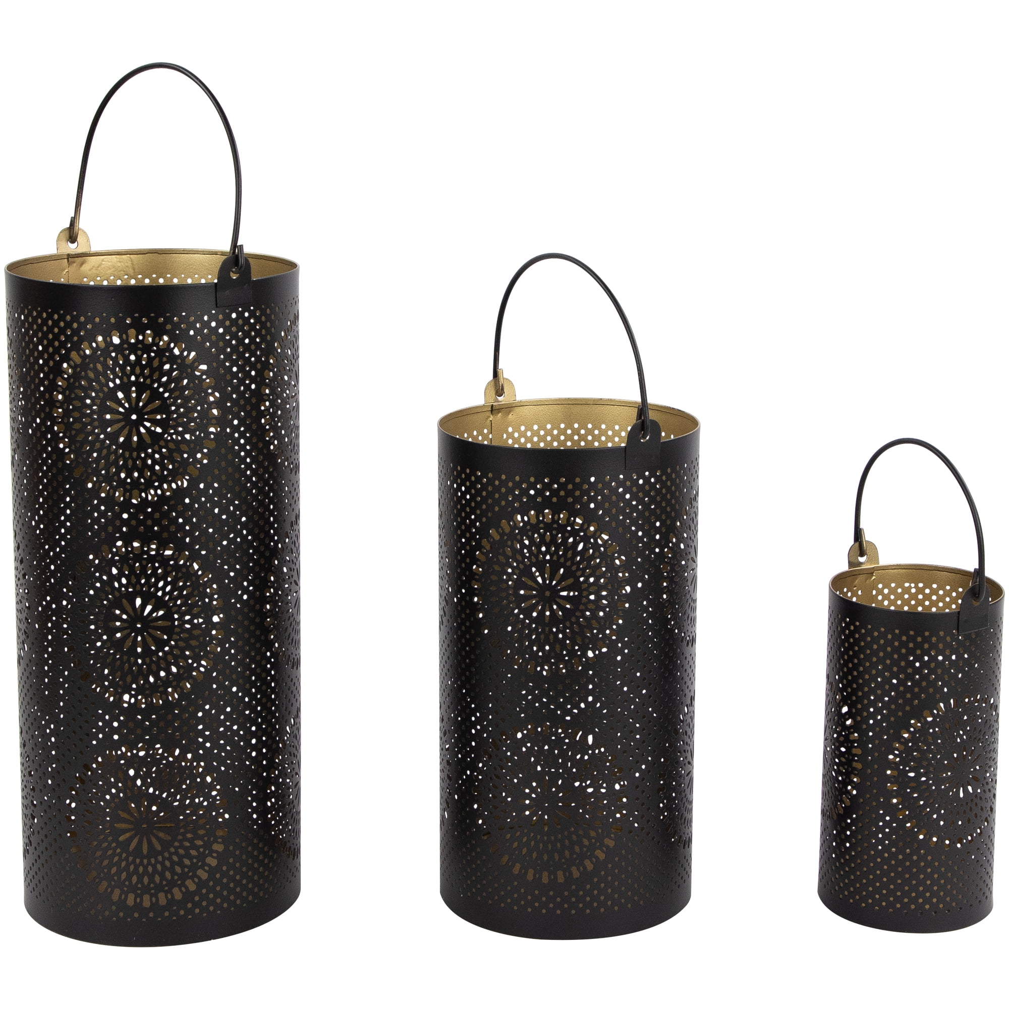 Set of 3 Black and Gold Decorative Floral Cut-Out Pillar Candle Lanterns 12.5"