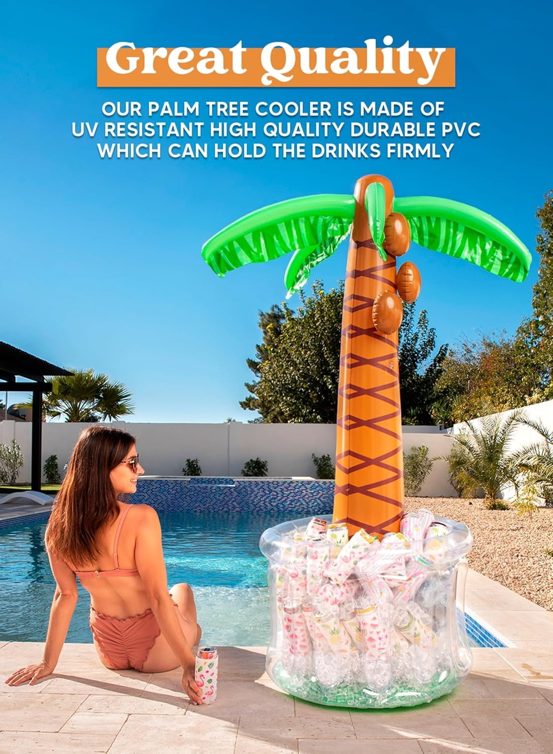 Joyfy 60" Inflatable Palm Tree Ice Chest Cooler,Luau Party Decorations,Summer Outdoor Drink Cooler with Drink Holder