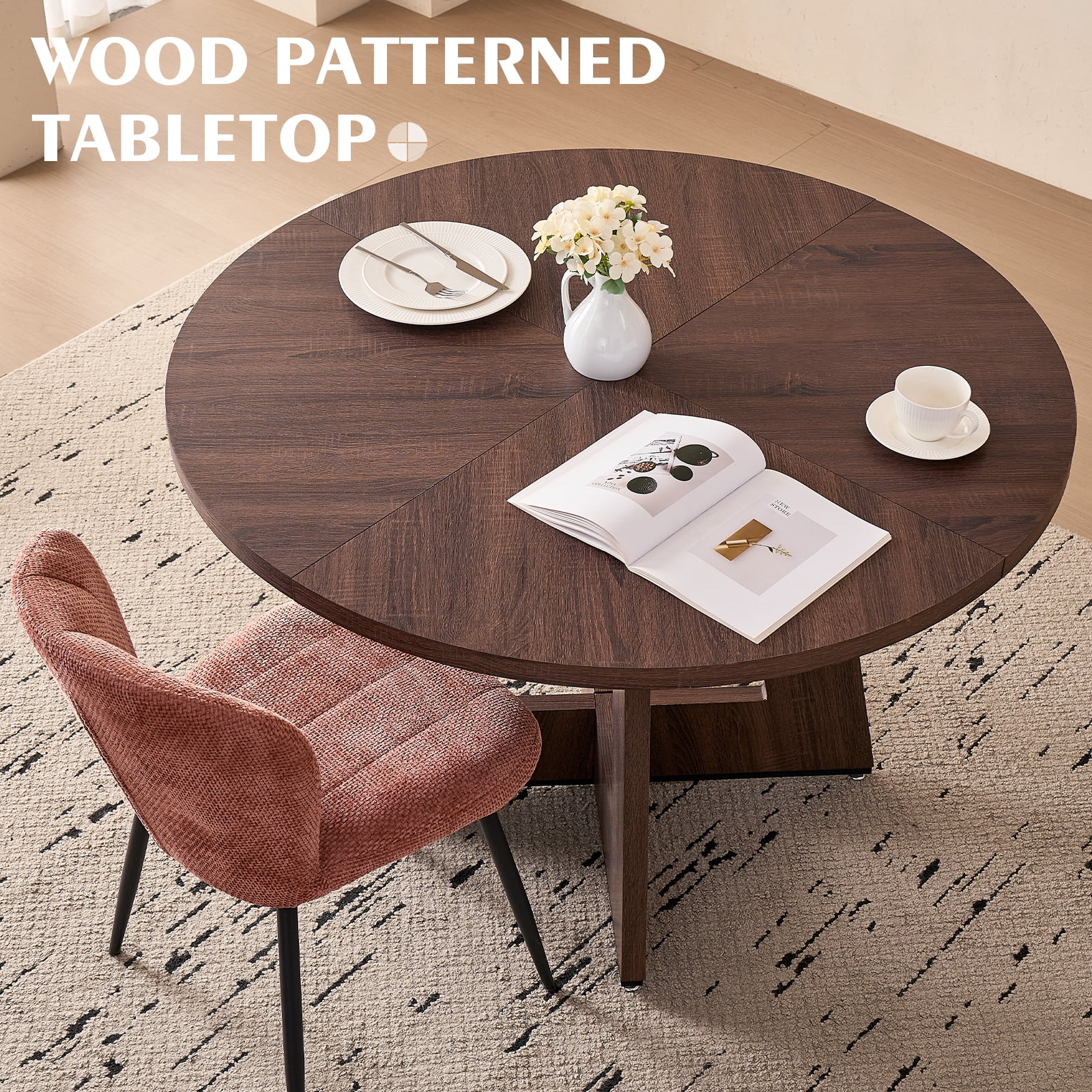 5 Piece 47" Round Dining Room Table Set for 4, [Fanned Base] [1.38" Thick Top] Wood Kitchen Table with 4 Orange Chenille Dining Chairs