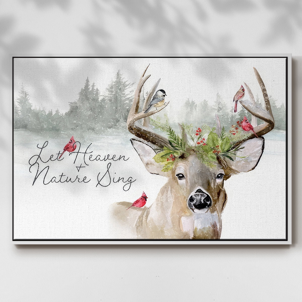 Holiday Deer Collection A - Framed Gallery Wrapped Holiday Canvas - 17 x 25 - White Frame