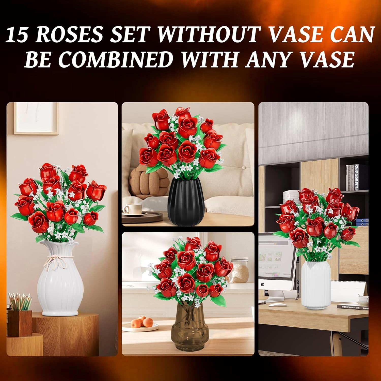 OKKIDY Red Rose Flowers Bouquet Building Kit, Compatible with Lego, 15 ABS Material Artificial Flowers, Forever Rose Toy Valentine's Day Gift for Women Girls Adults Kids 6+, No Vase