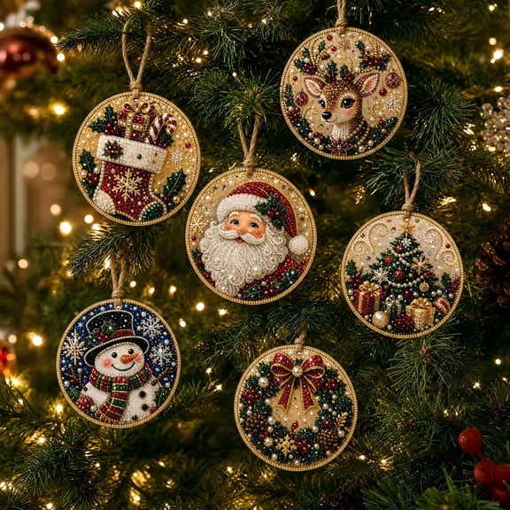 Clearance! 6Pcs Wooden Christmas Ornaments DIY Pearl Art Kits for Adults, Hanging Diamond Art Christmas Ornaments Set with Pearls, Special-Shaped Gems & Jute Twine, Christmas Decor Craft(#1)