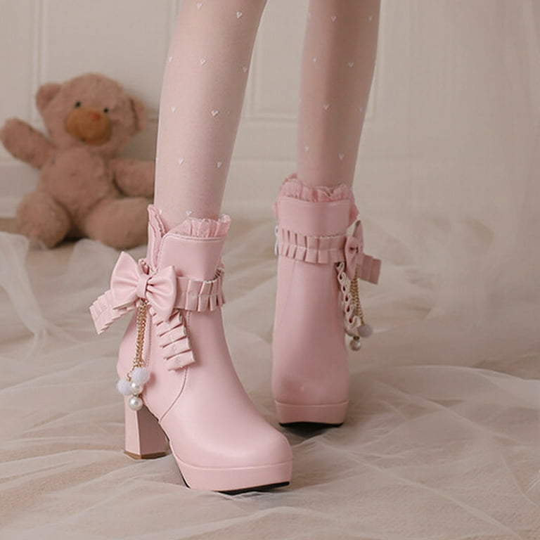 Ozmmyan Fall Winter Lace Bow Tassel Beaded Lorita Thick Heels