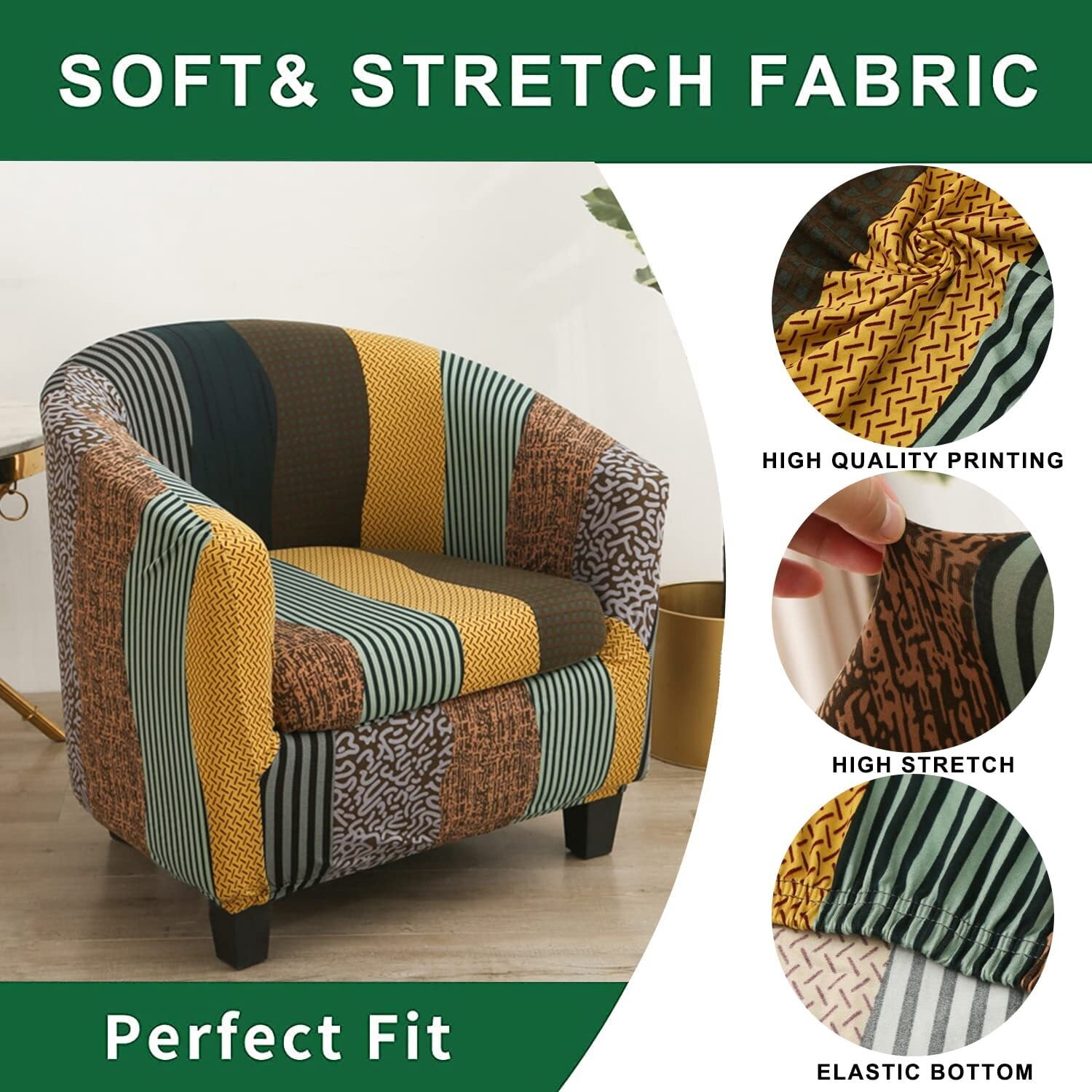 LKJYER Club Chair Slipcover 2 Piece Tub Chair Slipcover Stretch Barrel Chair Covers Printed Armchair Covers Removable Sofa Cover Couch Furniture Protector Arm Chair Cover for Living Room