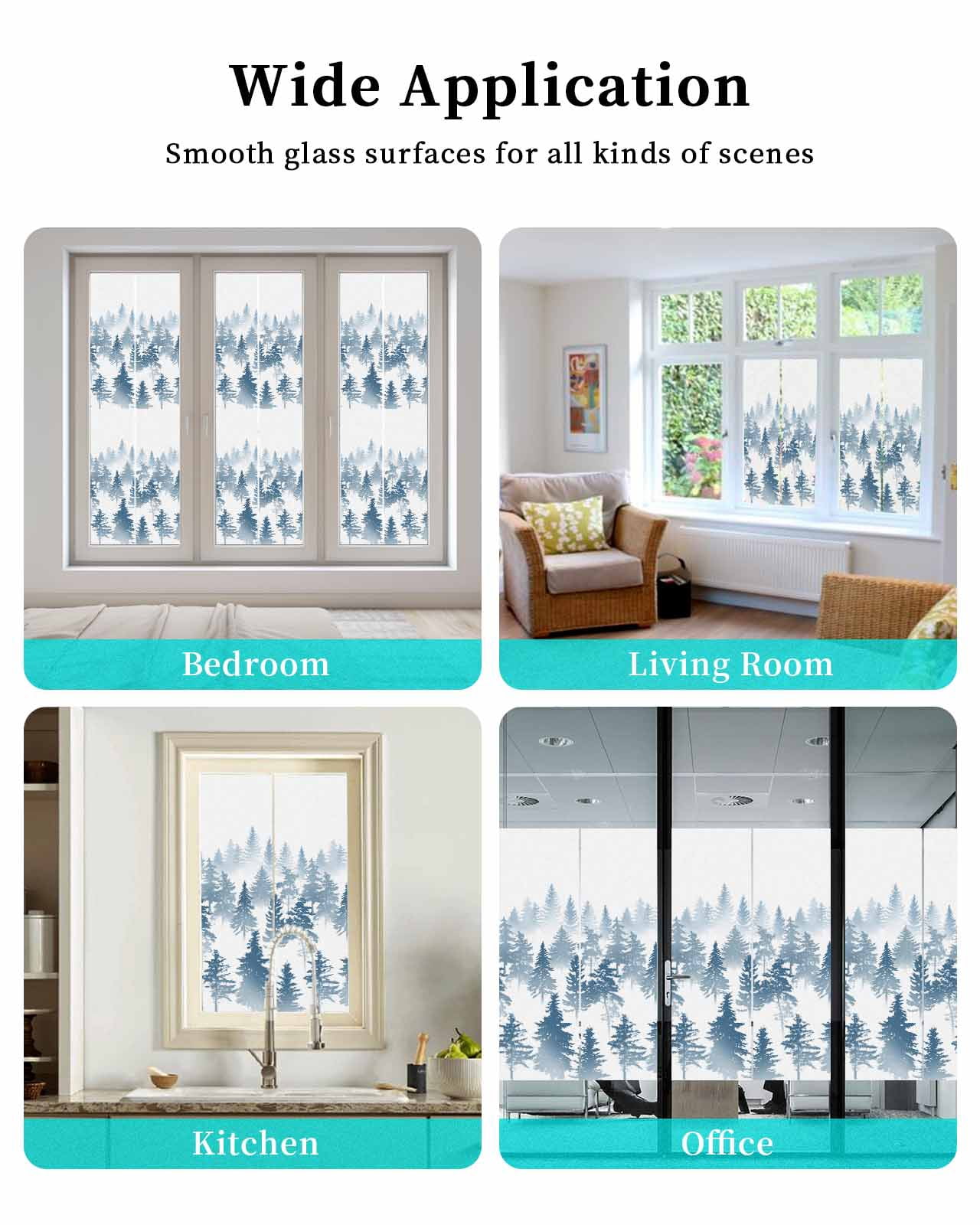 Window Privacy Film, Dark Blue Forest UV Sun Blocking Window Tint Film Heat Control One Way Blackout Window Film, Modern Abstract Silhouette Art Non Adhesive Static Cling Window Sticker 29.5x78.7 In