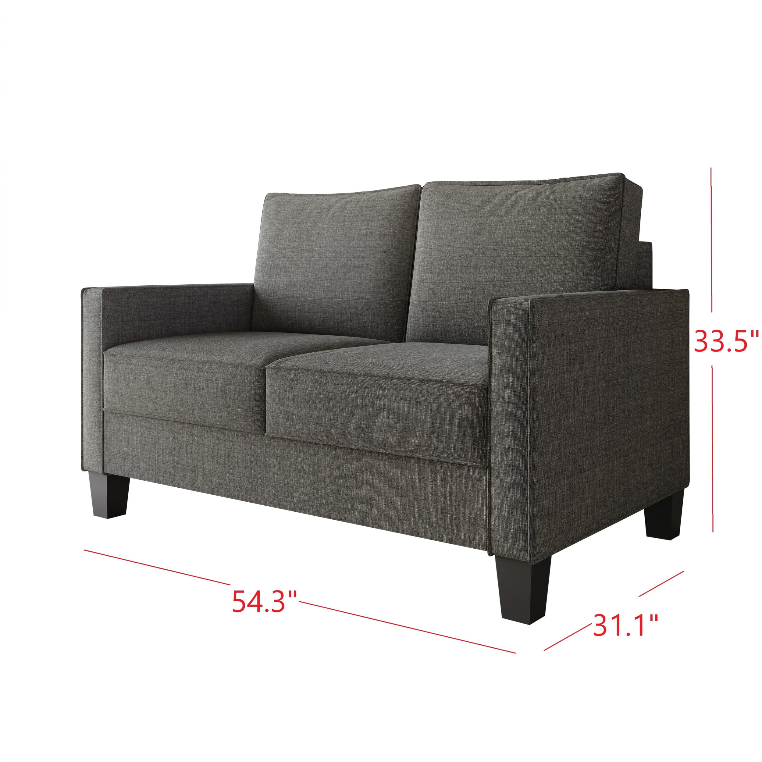 Home Design Marcia 2-Piece Square Arm Living Room Set with Loveseat and Sofa, Modern Upholstery and Black Legs, Gray