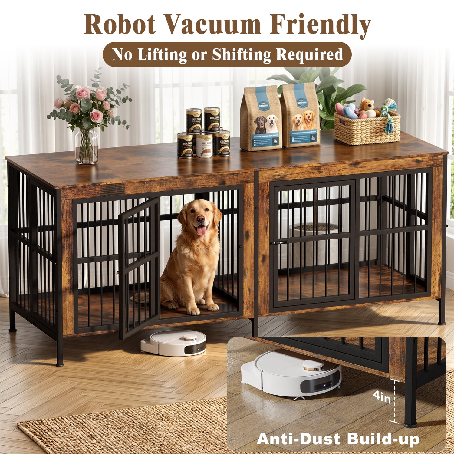YOKWOK 88 Inch Dog Crate Furniture for Large Dogs with Sturdy Removable Divider, 3-In-1 Extra Large Double Doors Dog Kennel, XXL Thick Wooden Dog Cage Furniture, Brown