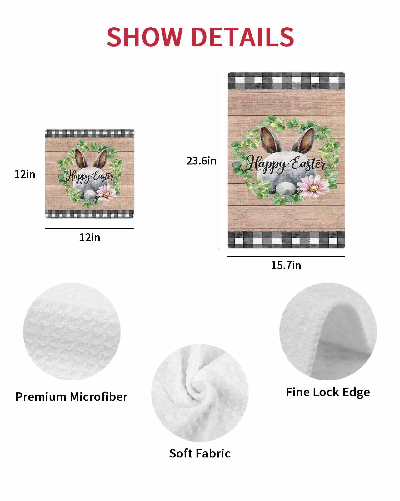 Grey Easter Kitchen Dish Towels for Drying Dishes Set of 3, Spring Watercolor Bunny Flower Leaf Wood Grain Waffle Weave Microfiber Hand Tea Bathroom Towels Quick Dry & Absorbent Towel 15.7x23.6