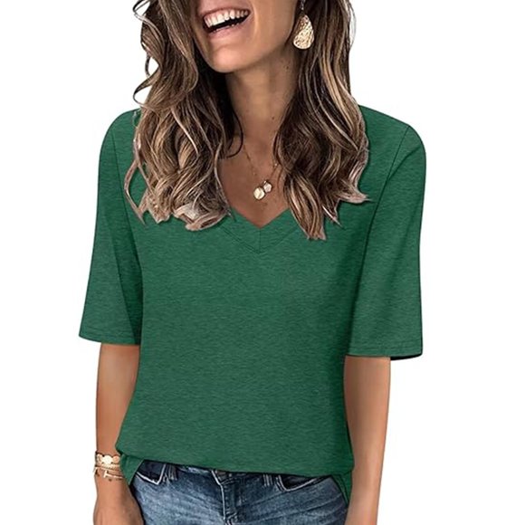 Jsaierl 2024 Fall Half Sleeve Tops for Women Basic Solid V Neck Shirts Casual Loose Fit Blouses Comfy Lightweight Tees for Work