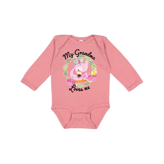 Inktastic Baby Flamingo My Grandma Loves Me with Flower Wreath Boys or Girls Long Sleeve Baby Bodysuit