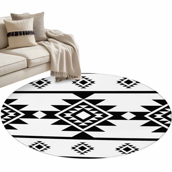 Round Area Rug 3ft Black White Aztec Floor Carpets Indoor Floor Area Mat Stain-Proof Mat Circle Rugs for Living Room Dining Room Kitchen Bedroom, Western Tribal Pattern Sofa Throw Carpet