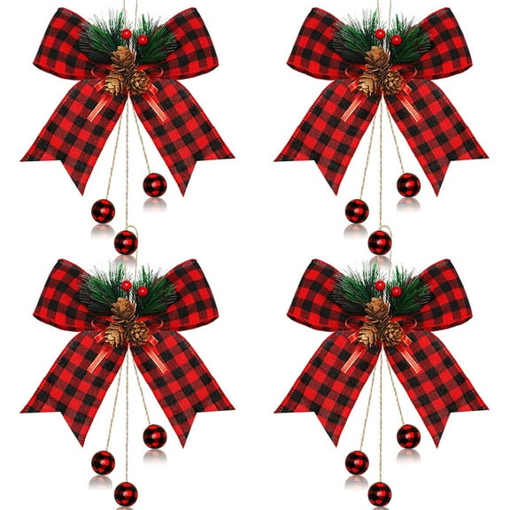 Dalrosia Christmas Buffalo Plaid Bow with Pine Cones Pine Needles Large Xmas Decorative Wreath Bow with Hanging Wood Beads for Christmas Tree Crafts DIY Decor