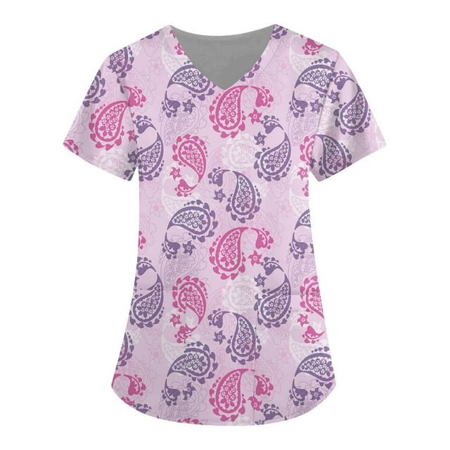 TIMIFIS Hauts de Sarrau pour Femmes de la Saint-Valentin à Manches Courtes, Col en V, Uniforme de Travail, Blouse Imprimée avec Poche, Hauts avec Poches - Printemps