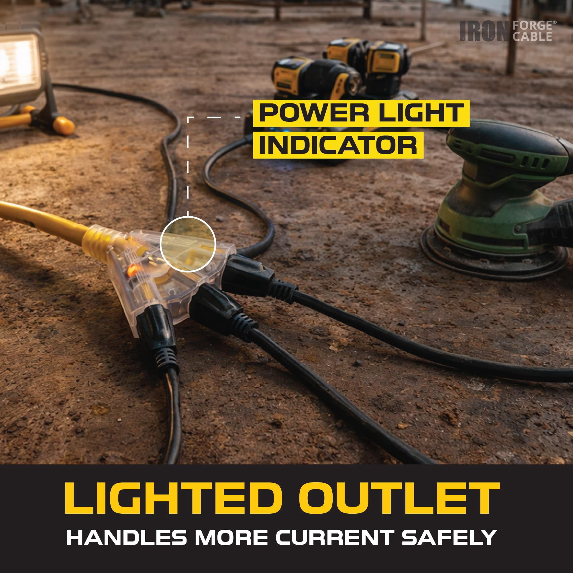 IRON FORGE CABLE 10 Foot Lighted Outdoor Extension Cord with 3 Electrical Power Outlets - 12/3 SJTW Heavy Duty Yellow Extension Cable with 3 Prong Grounded Plug for Safety, 15 AMP