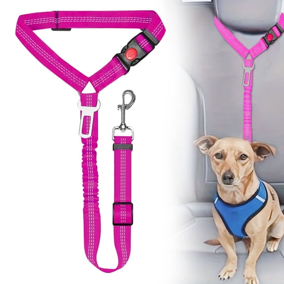 2 in 1 Dog Car Seat Belt,Adjustable Pet Harness Seatbelt Headrest Restraint Safety Tethers Leashes,Pet Car Travel Accessories,Elastic Bungee Buffer Reflective Anti-Jerk 360° Rotation Buckle,Hot Pink