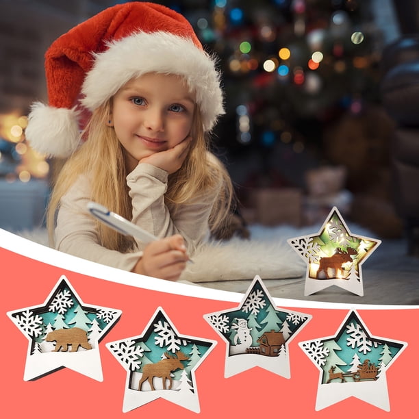 Xihbxyly Adornos de Madera, Diseños Artesanales de Papá Noel y Muñeco de Nieve, Figuras de Madera Talladas con Detalles, Escena de Bosque Natural, Decoración para El Hogar y La Oficina, Regalo Único,