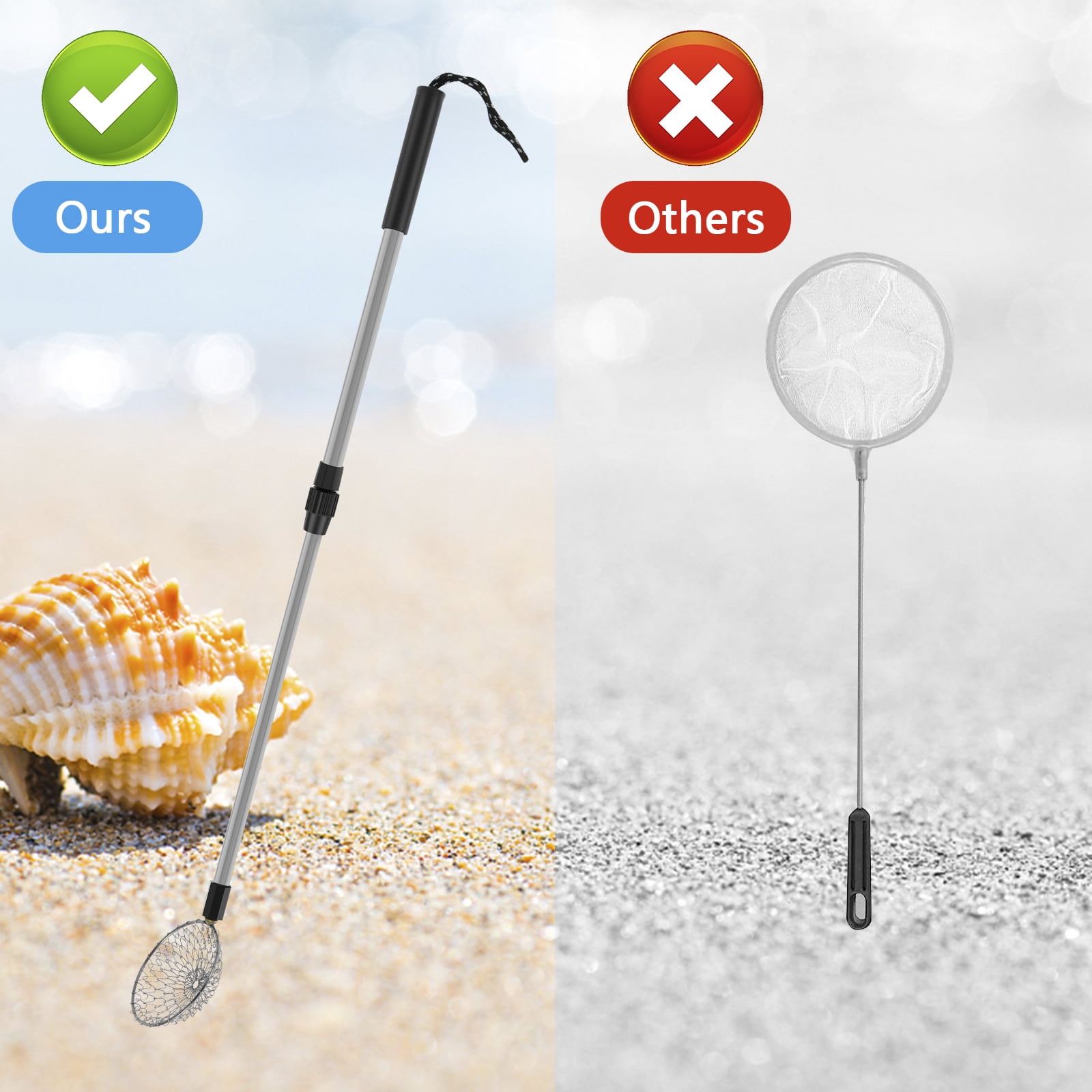 Protoiya 2Pcs Sand Sifters 21.3 to 32.6inch Adjustable Telescoping Beach Shovel Seashell Hunting Rocks Sifting Tool Portable Detachable Shark Teeth Sifter Beach Scoop for Beach Travel