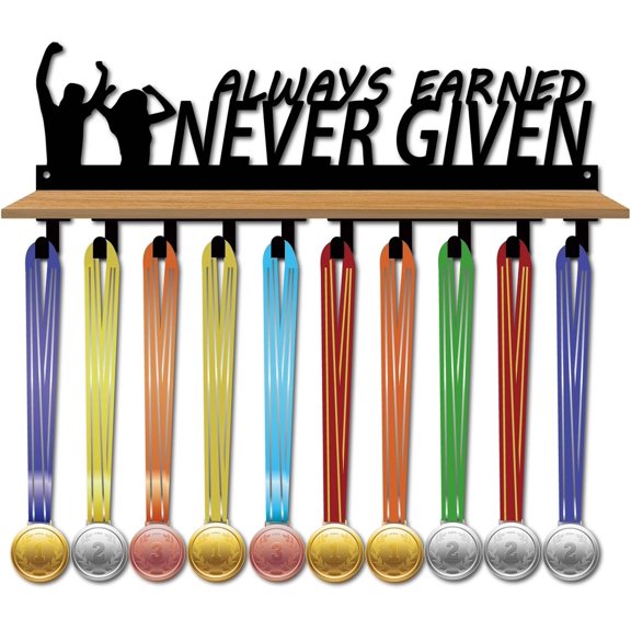 Medal Hanger Display Trophy Shelf Metal Medal Holder Stand Wall Mount Hold 70 Medals Organizer Rack Medal Display With Density Board Tray for Awards 15.7x6x3.5Inch-Always Earned Never Given Black