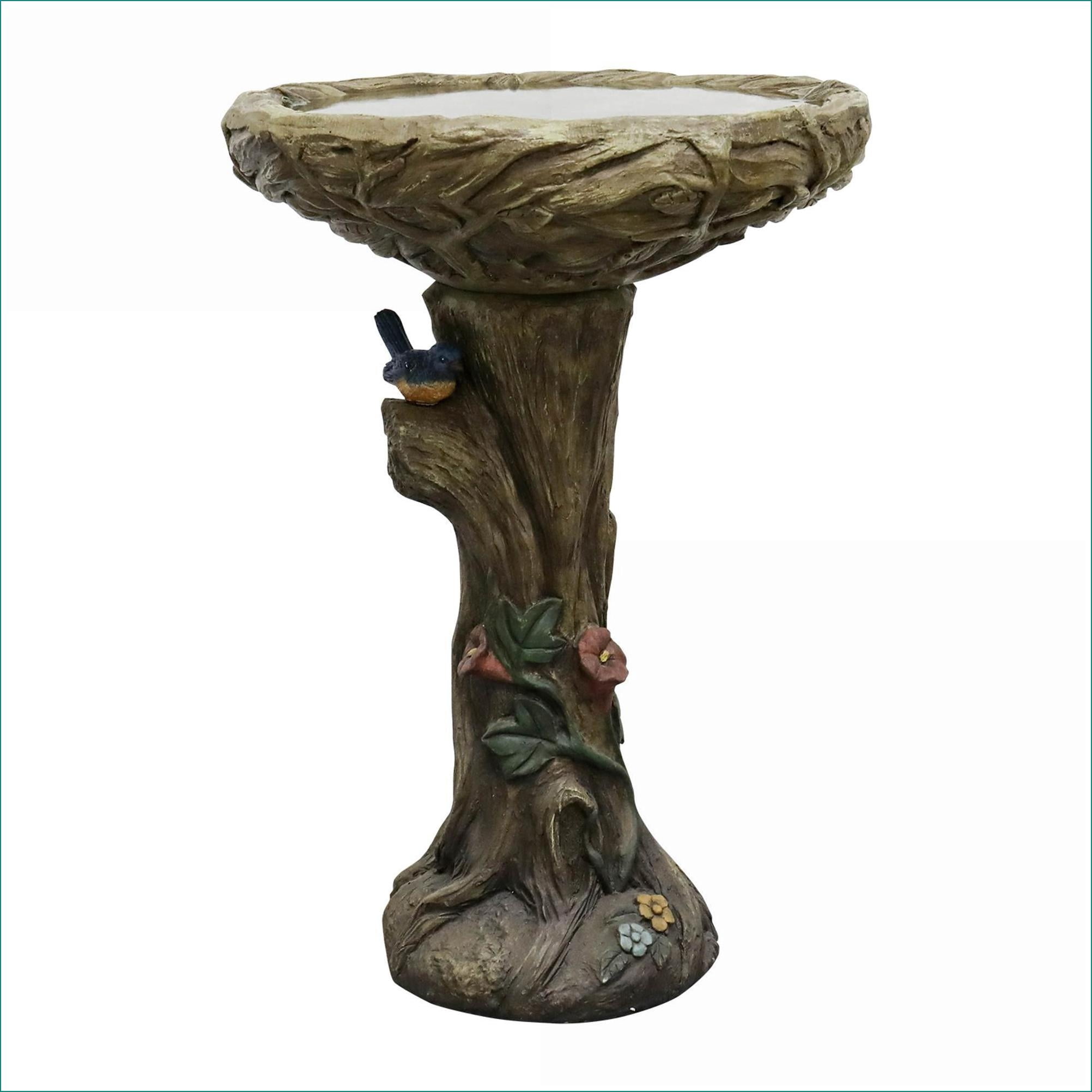 Bird Baths | Rustic Wood Look 25.5" Tall for Garden Yard Patio | Walnut Brown | Concrete Cement