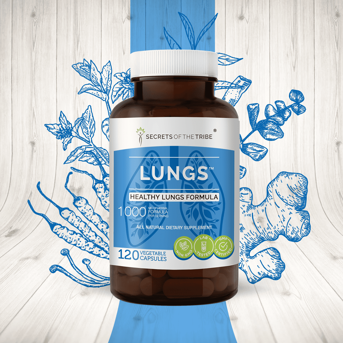 Lungs 120 Capsules, 500 mg, Licorice, Peppermint, Eucalyptus, Lungwort