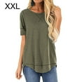thumbnail image 1 of stanreset Women T-shirt Solid Color Stitching Top Asymmetrical Hem Blouse, Khaki, XXL, 1 of 7