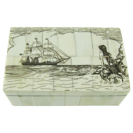 Reproduction Jewelry - Fake Reproduction Scrimshaw Art Bone Mermaid Nautical Jewelry Box Treasure Chest