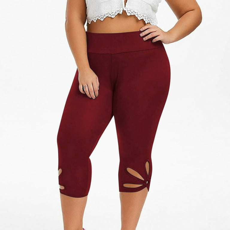 XFLWAM Capri Leggings for Women Plus Size Hollow Design Solid Color Crop  Leggings Stretch Yoga Workout Leggings Tights with Pockets Wine Red 4XL