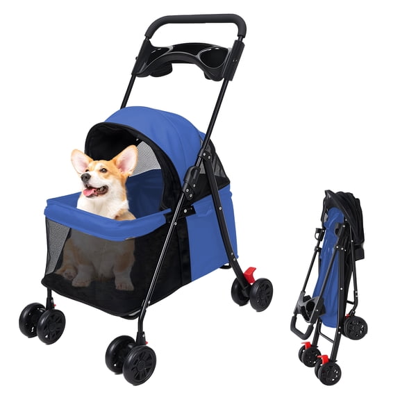 4 Wheels Dog Cat Stroller, Outdoor Travel Pet Folding Stroller, Dog Cat Cage Stroller with Cup Holder, Visible Window for Medium Small Dog