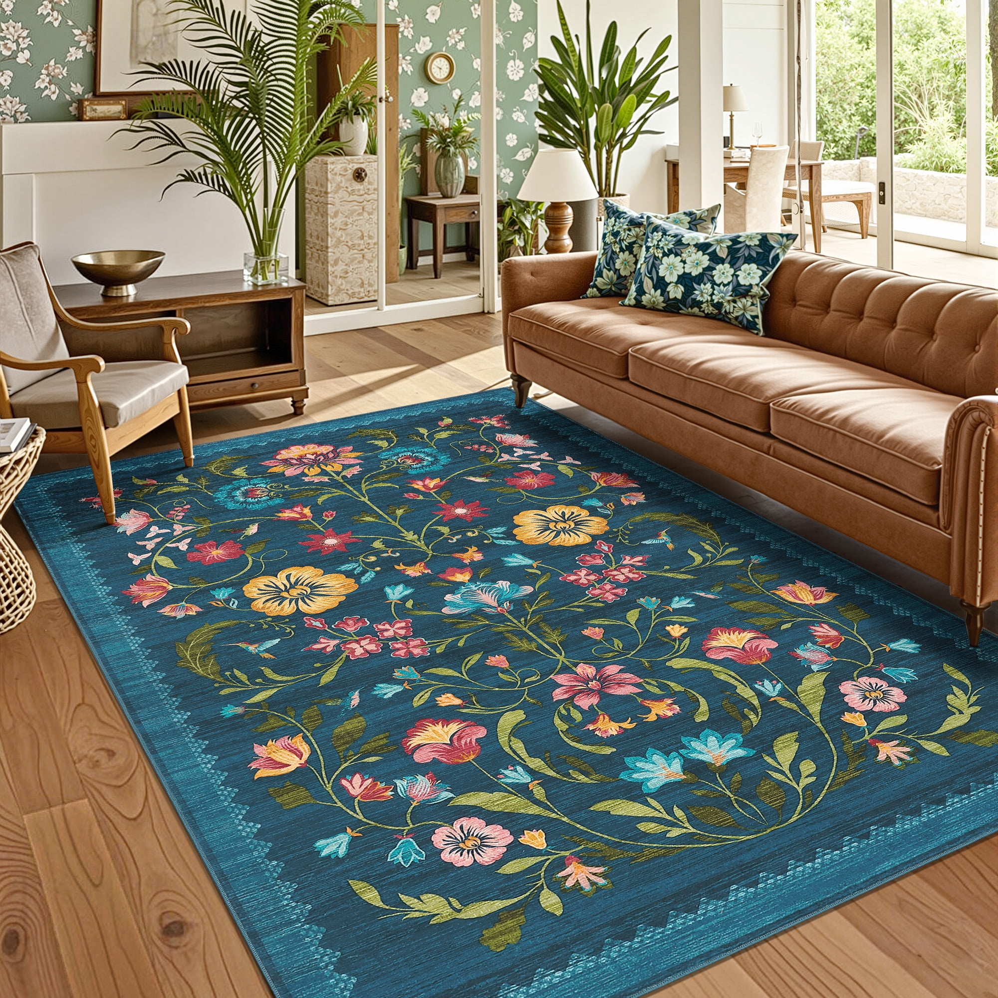 Garvee 10'x13' Floral Printed Area Rug Vintage Soft Rug, Washable Low Pile Rug Stain Resistant Farmhouse Indoor Carpets with Non Slip Backing for Living Room Bedroom Playroom, Blue