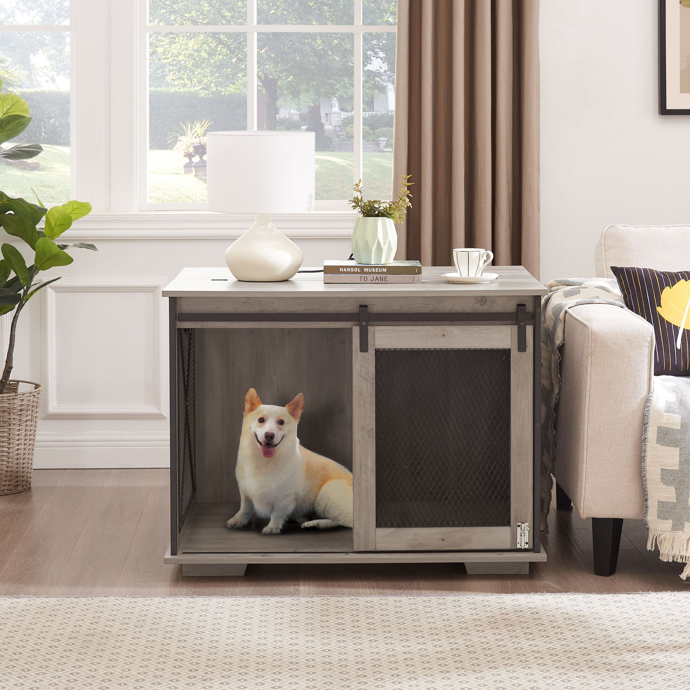 CKEASEAN Farmhouse Style Dog Cage Crate Furniture with Sliding Barn Door, Wooden Dog Kennel End Table with Flip-top Plate and Detachable Divider for Small/Medium/Large Dogs