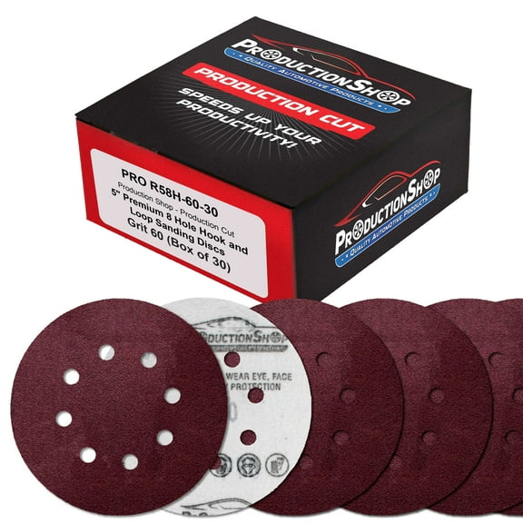 ProductionShop Premium 5" Red 8-Hole Pattern 60 Grit Sanding Discs, Box of 30 - Dustless Hook & Loop Backing Sandpaper for Random Orbital Sanders, Coarse-Cut Abrasive - Woodworking, Sand Auto Paint
