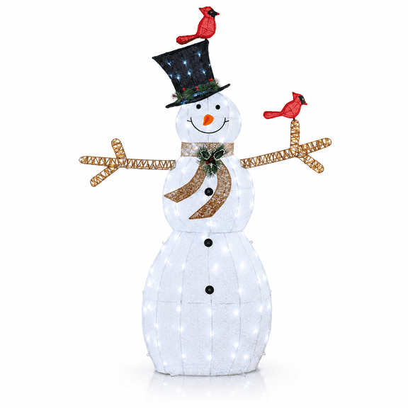 Alpine Corporation 74" (Over 6 Feet Tall) Outdoor Mesh Snowman Yard Decor with Red Birds and 100 Cool White LED Lights, Christmas Holiday Lighted Sculpture